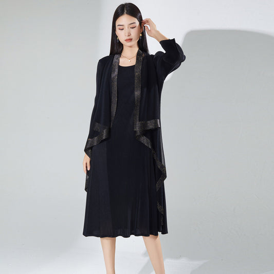 Mom dress gentle wind dress spring and autumn dress design sense niche fake two loose and versatile medium and long skirt