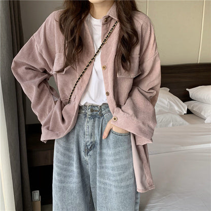 maoxiangshop-shop fall outfits aesthetic Early Spring Loose Mid-Length Shirt Retro Hong Kong Style Long Sleeve Corduroy Coat Women's Clothing Design Sense Niche Shirt