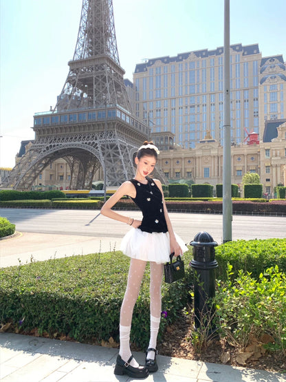 coffee break birthday dress dress women's summer new velvet princess small black dress mesh waist fluffy skirt