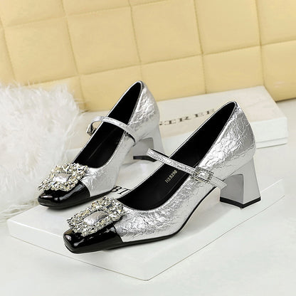 5298-K90 Mary Jane Women's Shoes Banquet 2025 style light mouth square head color matching metal rhinestone buckle one-word belt single shoes