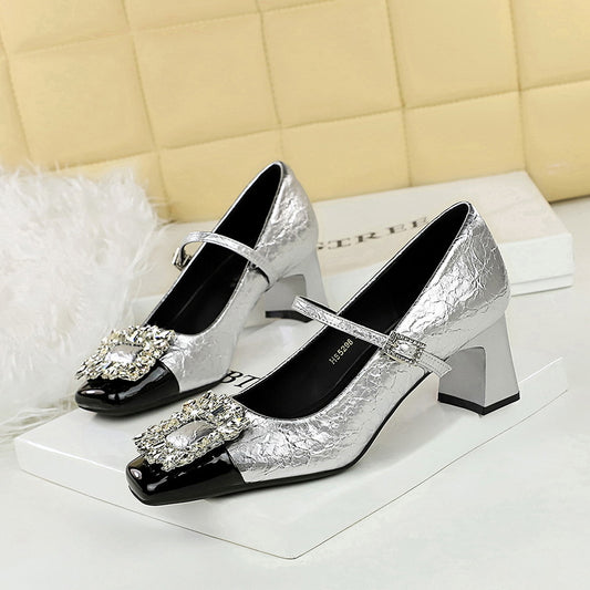 5298-K90 Mary Jane Women's Shoes Banquet 2025 style light mouth square head color matching metal rhinestone buckle one-word belt single shoes