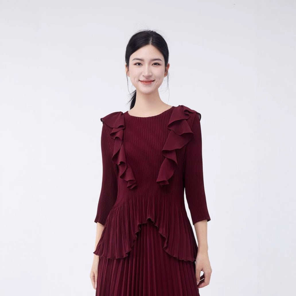 Women's fashionable Popular style top summer new high-end ruffle edge irregular versatile pleated chiffon shirt T-shirt