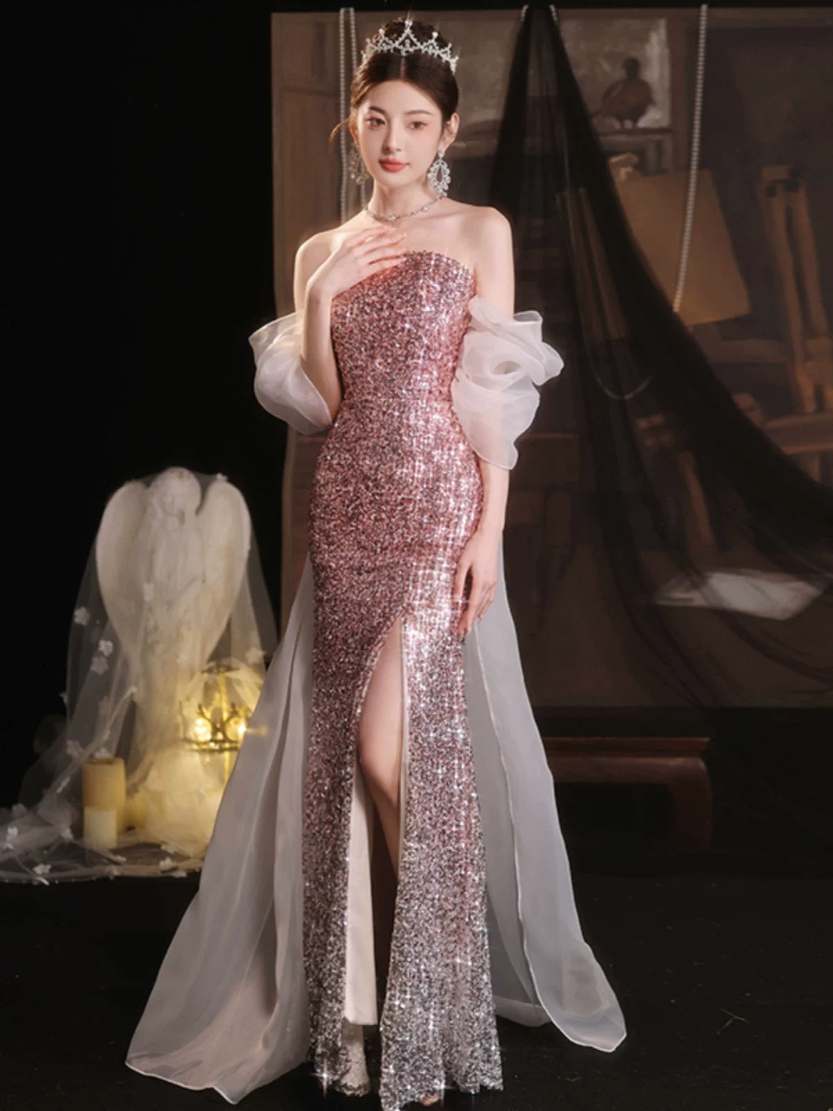 Light luxury fishtail evening dress women's high-end high-end sense sequins temperament socialite niche banquet annual meeting long dress pink autumn