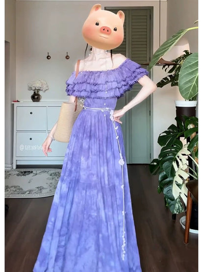 pure desire wind ruffle leaf edge shoulder dress women's  summer new waist big skirt dress long dress