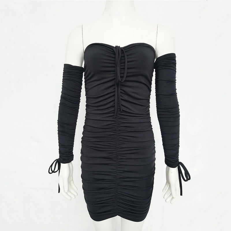 2025 Spice Girls Women's Clothing  Summer New Sexy Pleated Skirt Solid Color Splicing Shoulder Long Sleeve Tube Top Dress