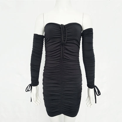 2025 Spice Girls Women's Clothing  Summer New Sexy Pleated Skirt Solid Color Splicing Shoulder Long Sleeve Tube Top Dress