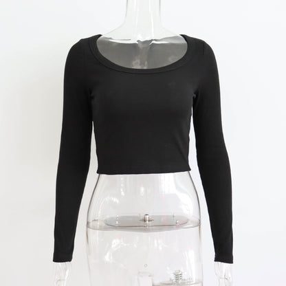 maoxiangshop outfit ideas for school Large round Neck Long Sleeve Rib Short Top Women's Casual Sexy Autumn and Winter Knitted Bottoming Shirt Street Slim T-shirt