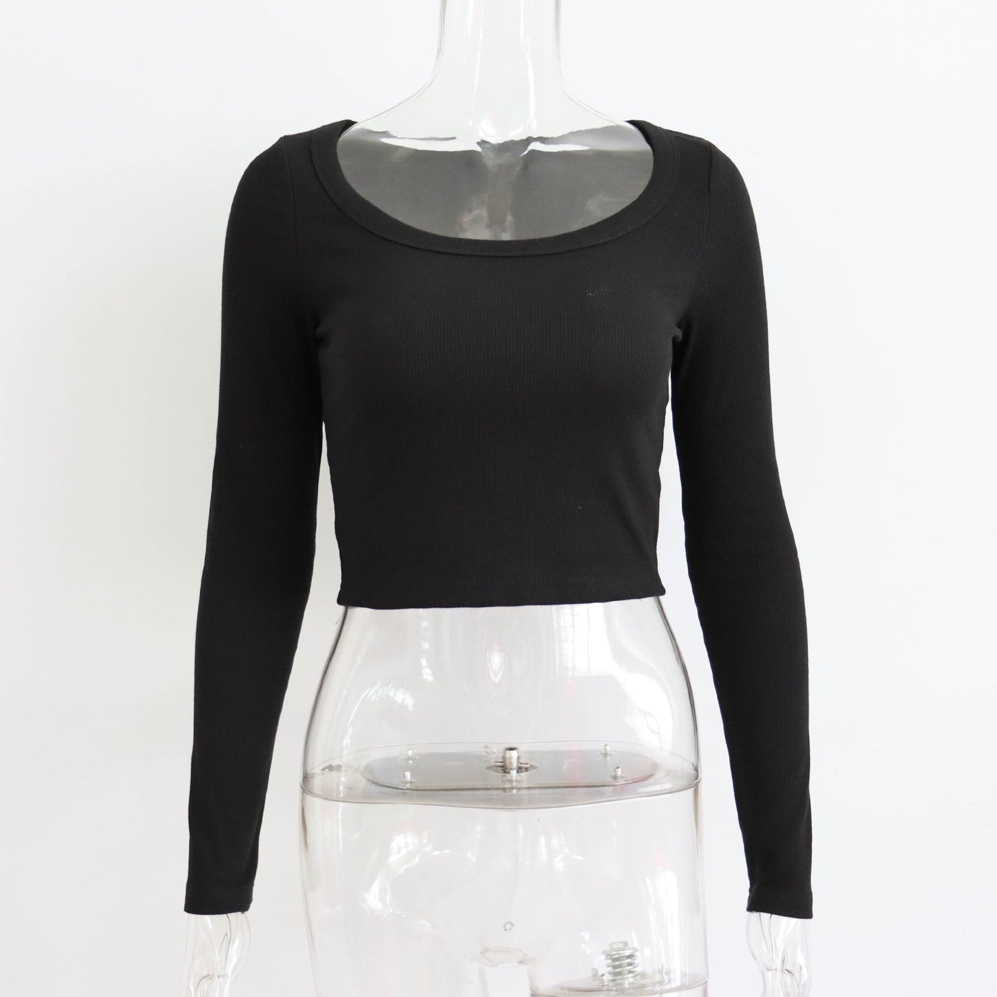 maoxiangshop outfit ideas for school Large round Neck Long Sleeve Rib Short Top Women's Casual Sexy Autumn and Winter Knitted Bottoming Shirt Street Slim T-shirt
