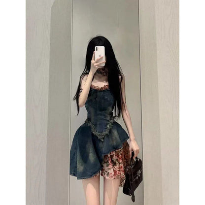 maoxiangshop-shop fall 2024 fashion trends French Style Sweet Hot Girl Tube Top Denim Dress Women's Summer High-Grade Waist Slimming Pettiskirt Small