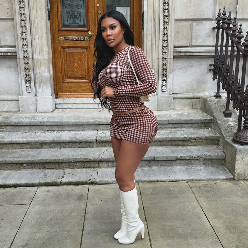 maoxiangshop 90s fashion Autumn Fashion Retro Plaid round Neck Pullover Long Sleeve High Waist Skirt Slim Women's Suit