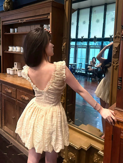 Retro original temperament fairy feeling elastic knitting deep V beautiful back, bud dress fluffy short skirt female summer new