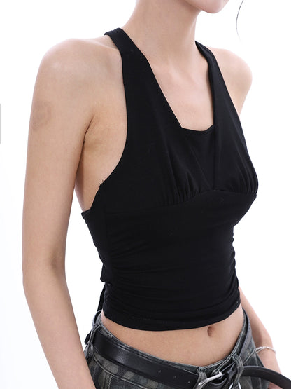 Sexy Pure Backless Short Spice Girl Design Sense Beautiful Back Neck Wear Sleeveless Neck Strap Top