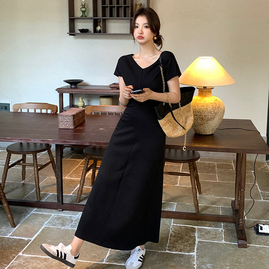 2025 popular autumn new temperament elegant solid color V-neck high waist short sleeve thin dress children 88118