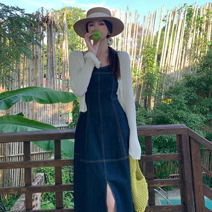 2025 spring and summer new high-waisted retro denim suspender dress high-end long dress children 88216