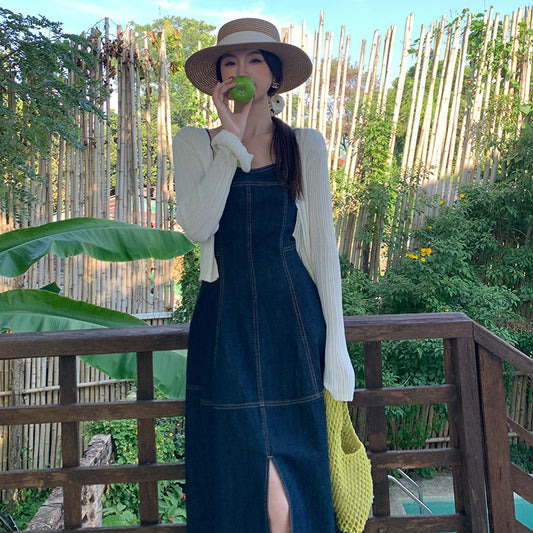 2025 spring and summer new high-waisted retro denim suspender dress high-end long dress children 88216