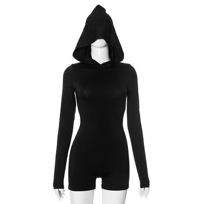 maoxiangshop pop culture dress to impress Women's Autumn New Sexy Hot Girl Backless Tight Long Sleeve Hooded Short Jumpsuit