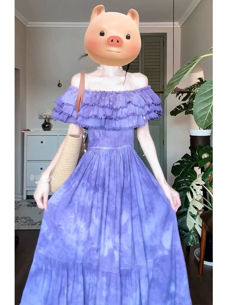 pure desire wind ruffle leaf edge shoulder dress women's  summer new waist big skirt dress long dress