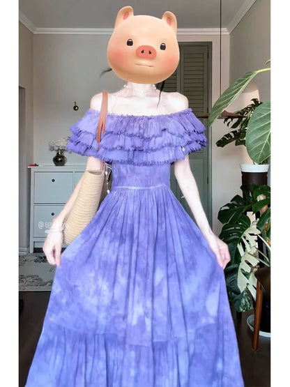 pure desire wind ruffle leaf edge shoulder dress women's  summer new waist big skirt dress long dress