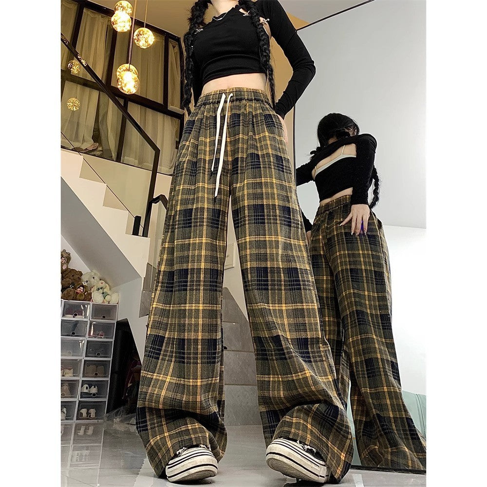 maoxiangshop-shop fall outfits aesthetic Retro Brushed Plaid Casual Pants Women's Autumn New High Waist Straight Pants Slimming Wide Leg Mop Long Pants