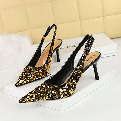 869-A22 2025 style banquet high heels women's shoes rear empty shoes shallow mouth pointed head hollow rear strap sequined single shoes