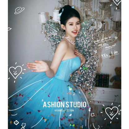 2025Temperament tube top light wedding dress  theme wedding dress new blue street photo interior photography clothing colorful women