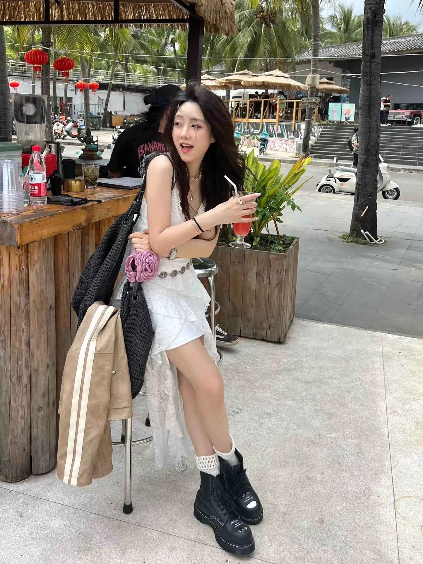 new pure desire Spice Girl style dress irregular hem split long dress sexy lace suspender skirt