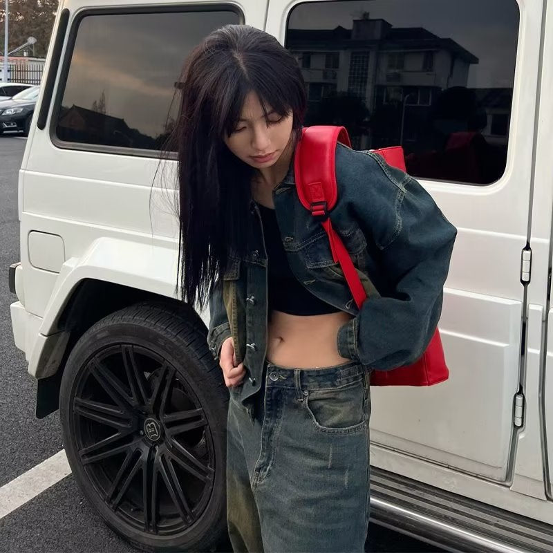 maoxiangshop y2k Autumn and Winter Clothing for Girls New American Retro Loose Wide-Leg Pants Trendy Casual Fashion Casual Denim Trousers