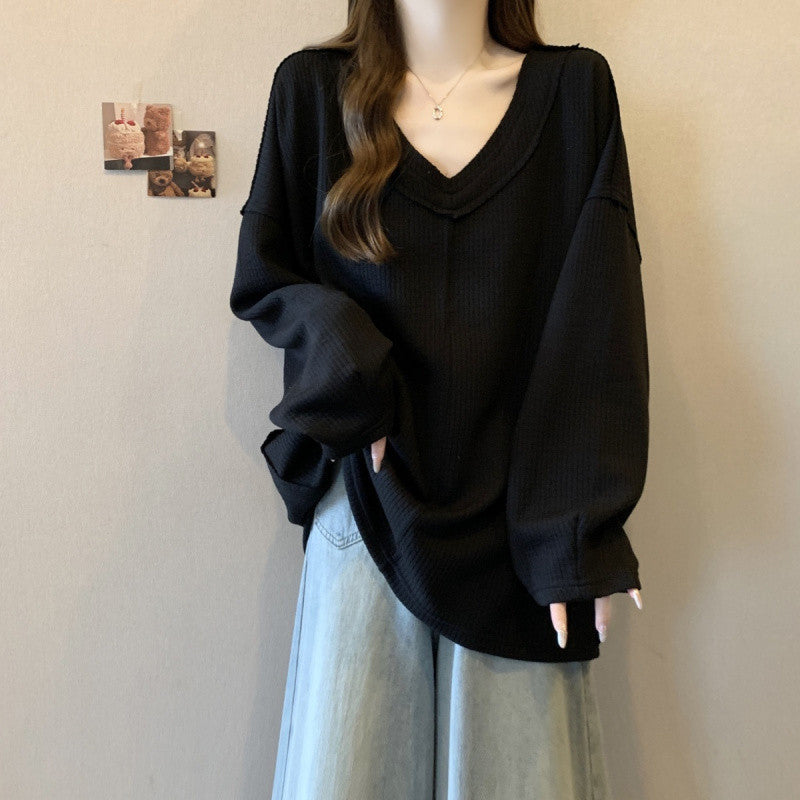 maoxiangshop grunge outfits Plus Size Pit V-neck Long-Sleeved Top for Women 2024 Autumn New Loose Slimming Fashionable Bottoming T-shirt