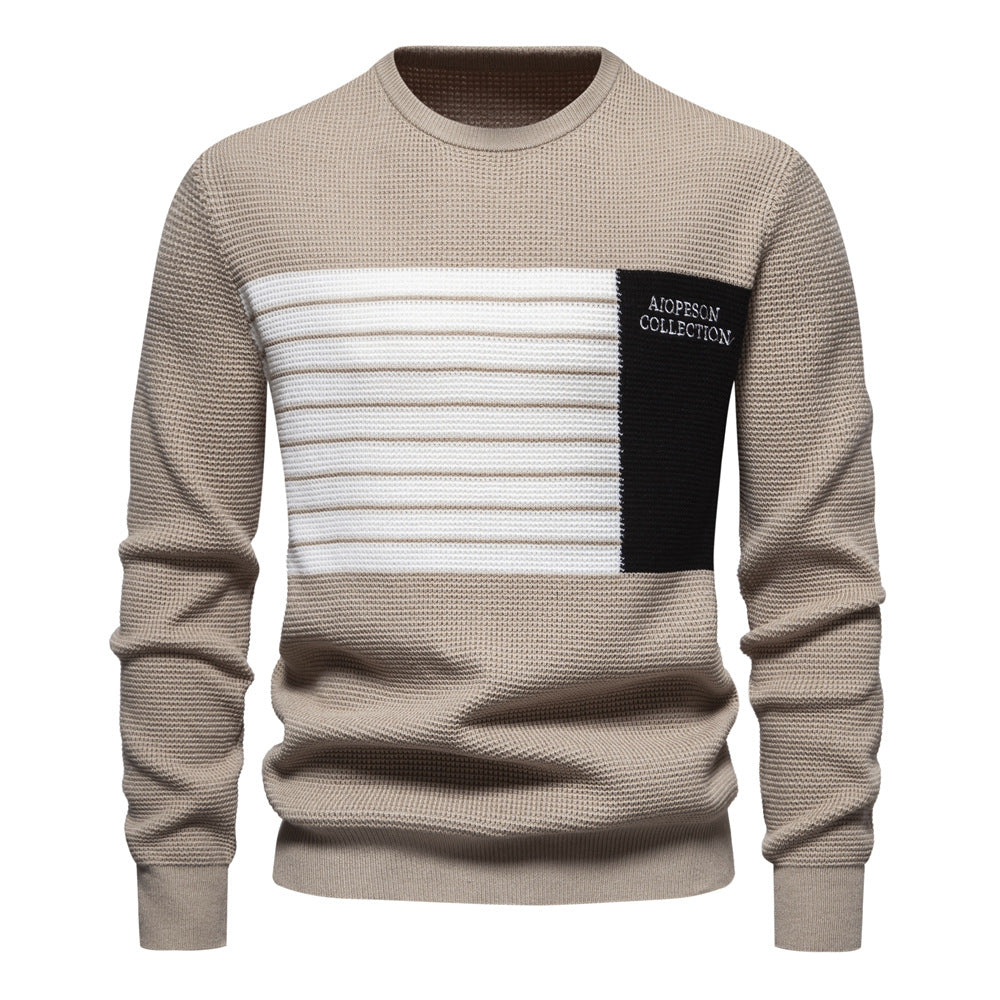 MAOXIANGSHOP 2025 Autumn new sweater men's striped splicing long-sleeved men's knitted sweater round neck trendy men's casual sweater