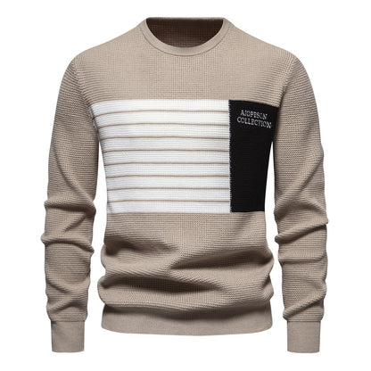 MAOXIANGSHOP 2025 Autumn new sweater men's striped splicing long-sleeved men's knitted sweater round neck trendy men's casual sweater