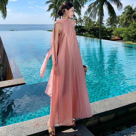 Seaside vacation Sanya travel wear high-end fairy temperament streamer sleeveless neck dress loose long dress