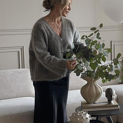 MAOXIANGSHOP 2025 Solid color V-neck knitted cardigan  New lazy knitted zipper loose long-sleeved jacket sweater cardigan