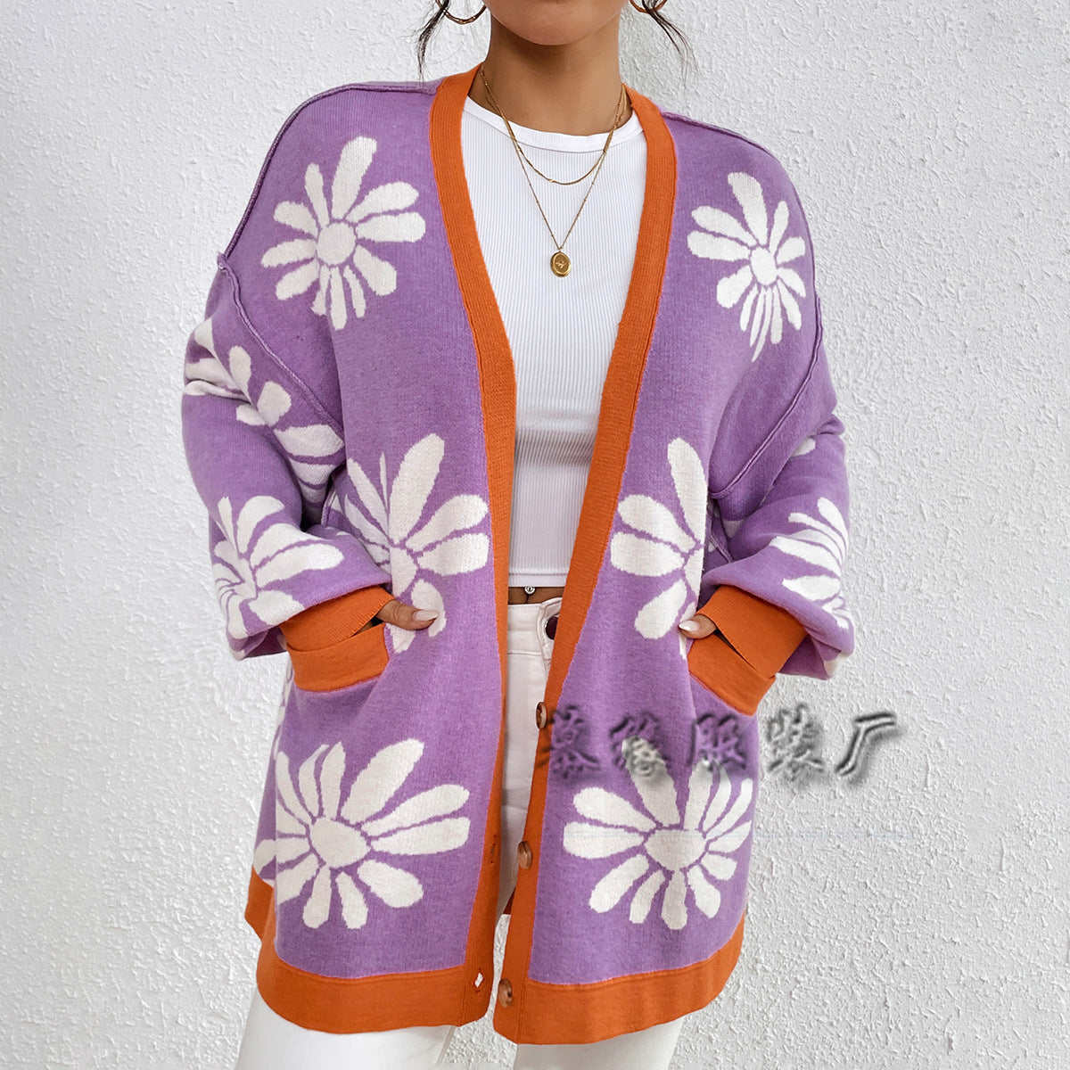 MAOXIANGSHOP New autumn and winter   new V-neck printed commuter temperament loose knitted cardigan sweater women's coat