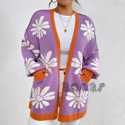 MAOXIANGSHOP New autumn and winter   new V-neck printed commuter temperament loose knitted cardigan sweater women's coat