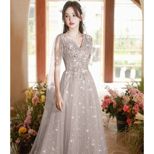 Banquet evening dress skirt 2025 spring new gray streamer New Zheng art examination red song chorus performance suit