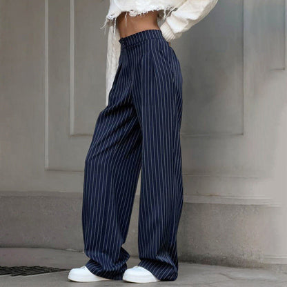 maoxiangshop 2000s fashion Navy Blue Striped Wide-Leg Pants for Women 2024 Autumn and Winter New Casual Suit Pants Draping Trousers for Women