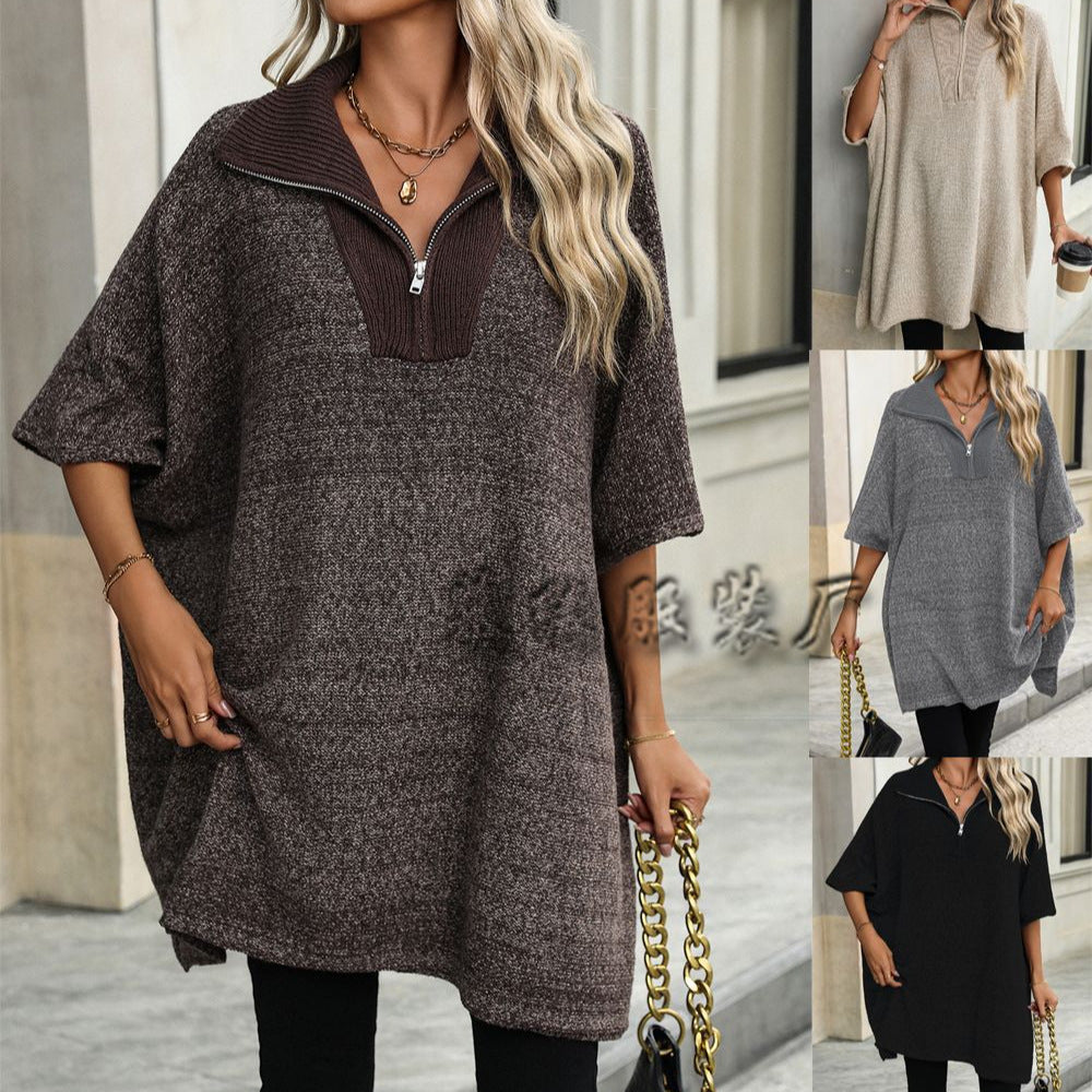 MAOXIANGSHOP New autumn and winter new   women's clothing fashion medium and long knitted sweater long-sleeved zipper lapel sweater women