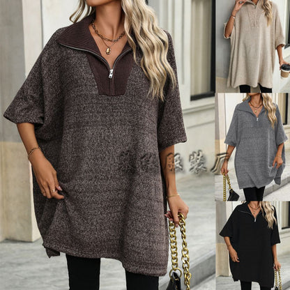 MAOXIANGSHOP New autumn and winter new   women's clothing fashion medium and long knitted sweater long-sleeved zipper lapel sweater women