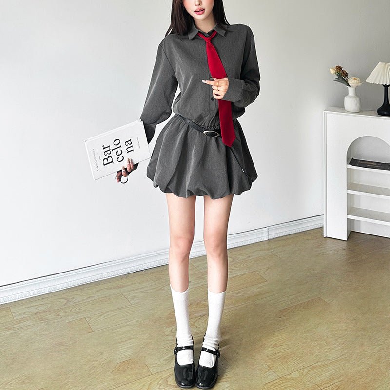 maoxiangshop group halloween costumes Style 2024 Autumn New Women's Clothing Solid Color Slim High Waist Street Fashion Lapel Long Sleeve Dress