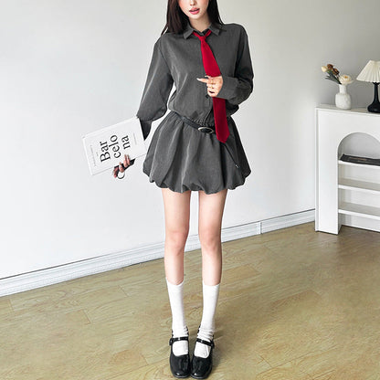 maoxiangshop group halloween costumes Style 2024 Autumn New Women's Clothing Solid Color Slim High Waist Street Fashion Lapel Long Sleeve Dress