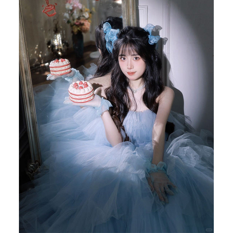 2025Temperament tube top light wedding dress  theme wedding dress blue birthday party photo interior photography clothing color yarn