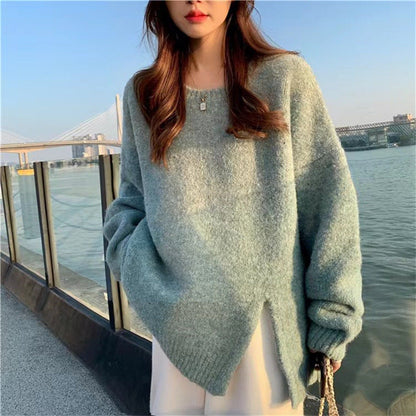 maoxiangshop-shop fall outfits aesthetic Lazy Style Round Neck Split Autumn and Winter New Soft Nuo Sweater Simple Loose All-Match Outer Sweater Women's Clothing