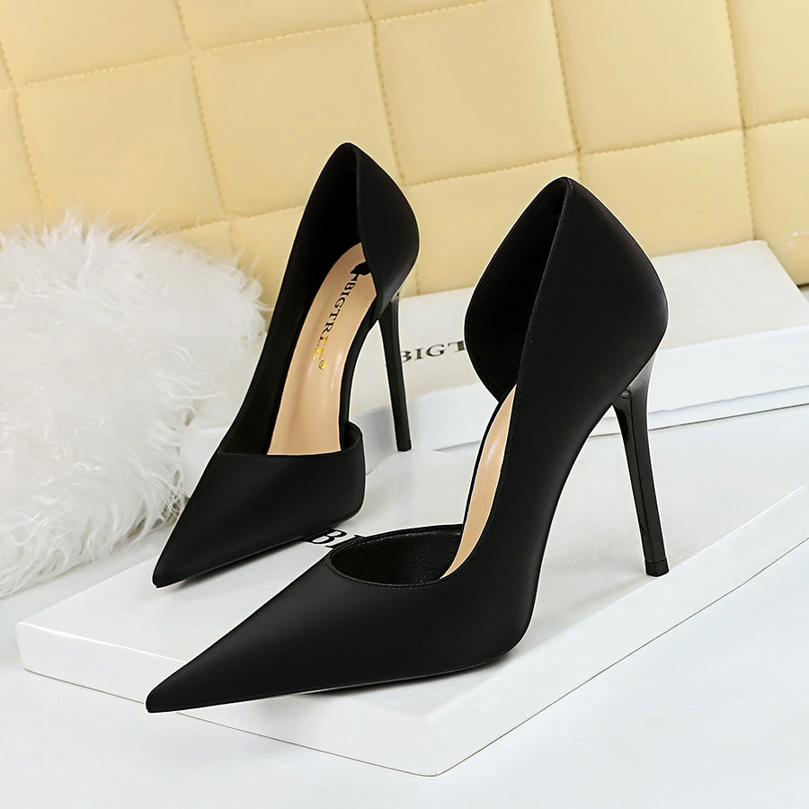 626-1 Korean version fashionable and simple pedicure, thin heel, super high heel, shallow mouth, pointed side hollow single shoes, women's high heel