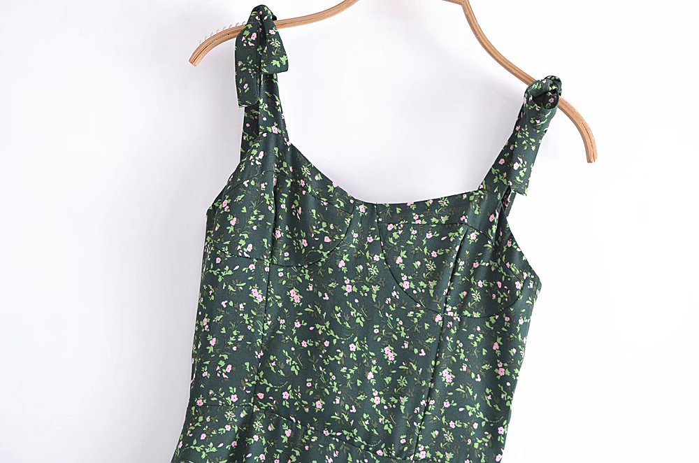 maoxiangshop-shop indie dress to impress Summer French Style Retro Dark Green Small Floral Slim Waist Long Sling Dress