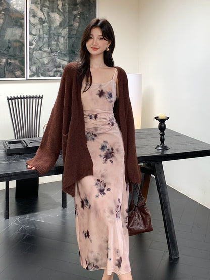 2025 Thirteen Lines popular Autumn and Winter New Printed Pure Desire High Waist Velvet Suspender Dress Women 88136