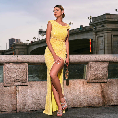 2025 temperament chest wrapping sexy long sequined sleeveless crew neck banquet evening dress bridesmaid dress women