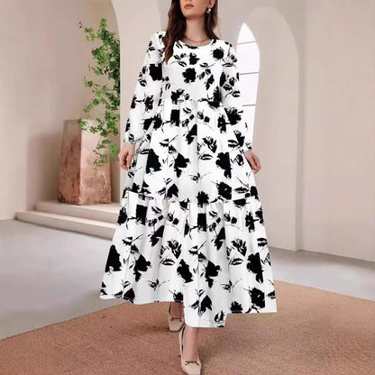 MAOXIANGSHOP 2025 2025 women's clothing fashion casual printing round neck long-sleeved big swing dress women's long dress elegant straight dress