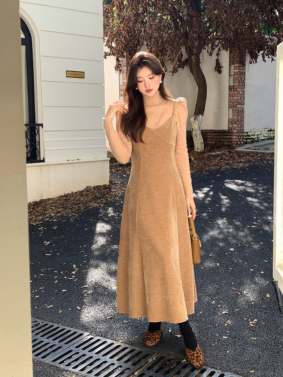 2025 popular autumn and winter new Korean version temperament versatile velvet suspender dress suspender long dress 88139