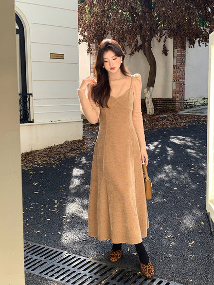 2025 popular autumn and winter new Korean version temperament versatile velvet suspender dress suspender long dress 88139
