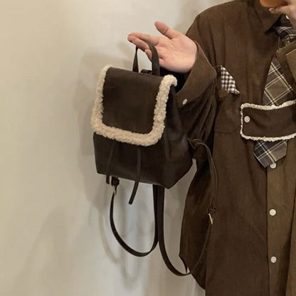 MAOXIANGSHOP 2025 Niche design backpack women's 2025 Korean version of college style new retro brown plush spliced backpack